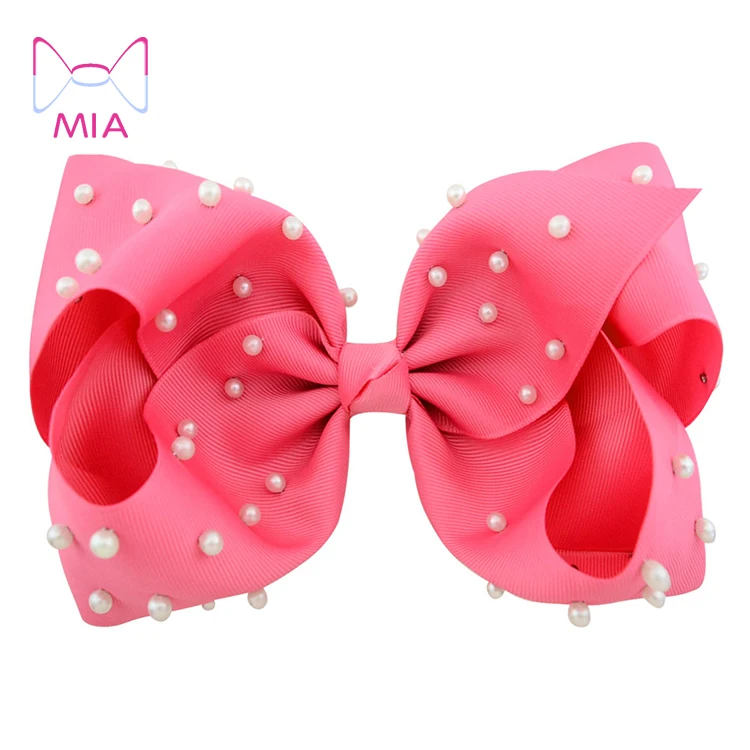 

Mia Free Shipping  Oversized Grosgrain Ribbon With White Pearl Bowknot Hair Bow JoJo Hair Clip Accessories, Picture shows