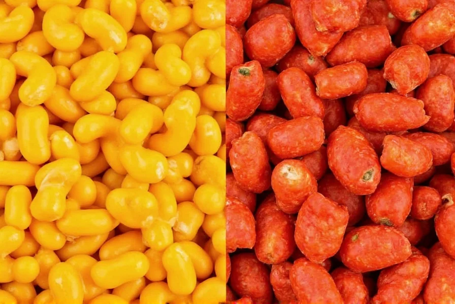 Close-up comparison of chili cheese hot cheetos next to regular hot cheetos showing color differences