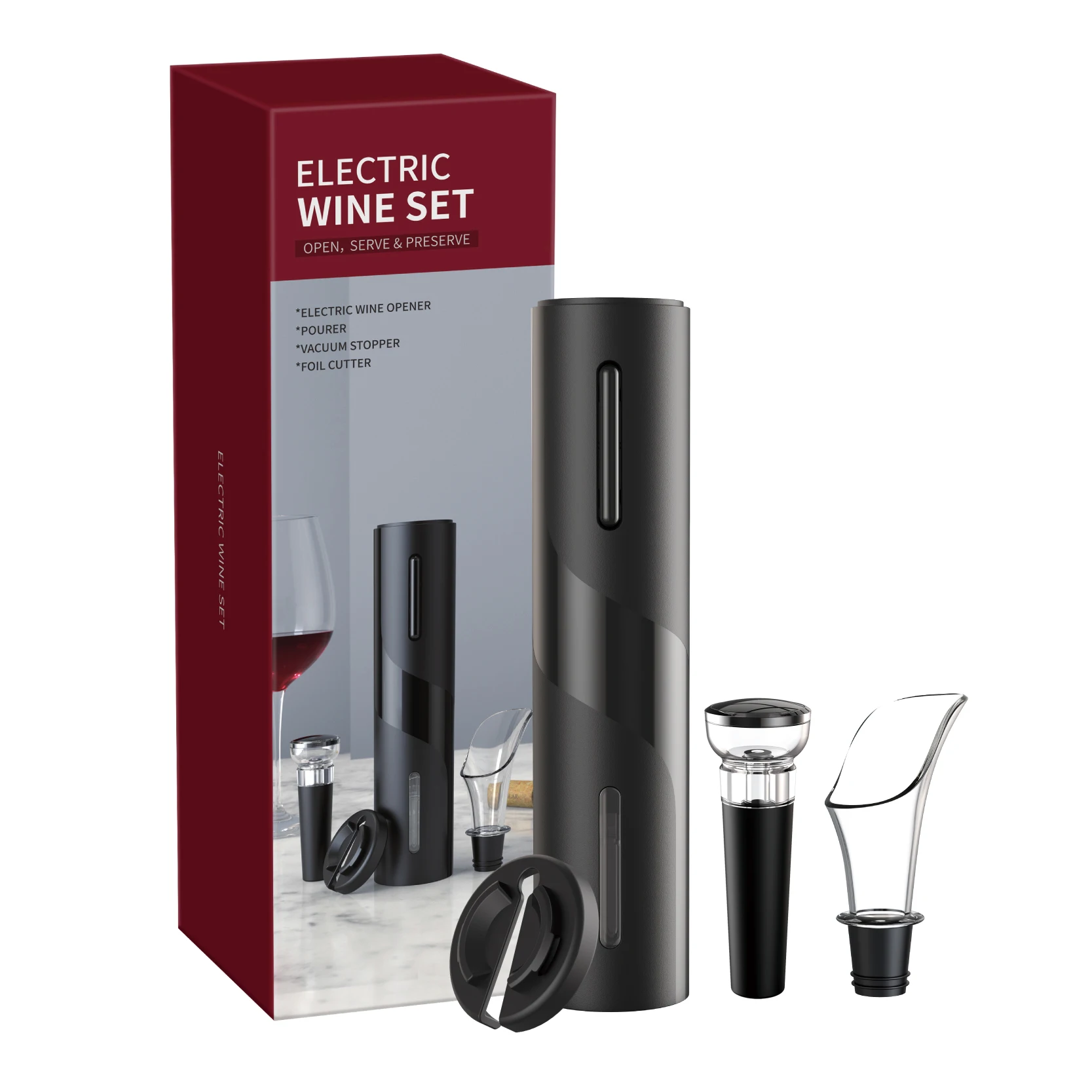 

New Arrival Gift Set USB Rechargeable Electric Opener Set With Foil Cutter Aerator Pourer And Vacuum Stopper Automatic, Black or custom