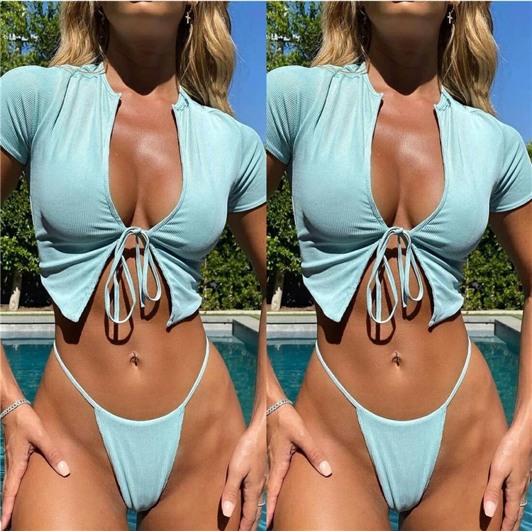 

D96824 Woman clothes 2021 trending new arrivals Threaded cloth solid color two piece sexy short sleeves bikinis swimwear