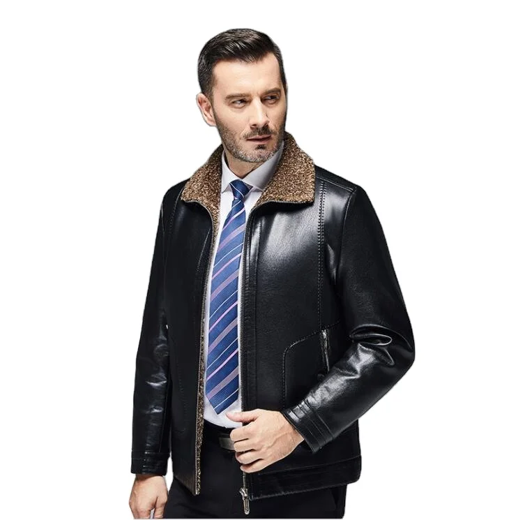 

Autumn Winter Fashion Lapel Fur Collar men Leather jacket velvet thick fur Male middle-aged Clothing father casual leather Coat, As the pictures