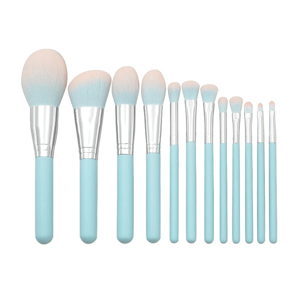 

12 Pcs/Set Sky Blue Makeup Brush Private Label Gradient Blue Pink Brush Head Wooden Handle Low Moq No Brand Makeup Tools