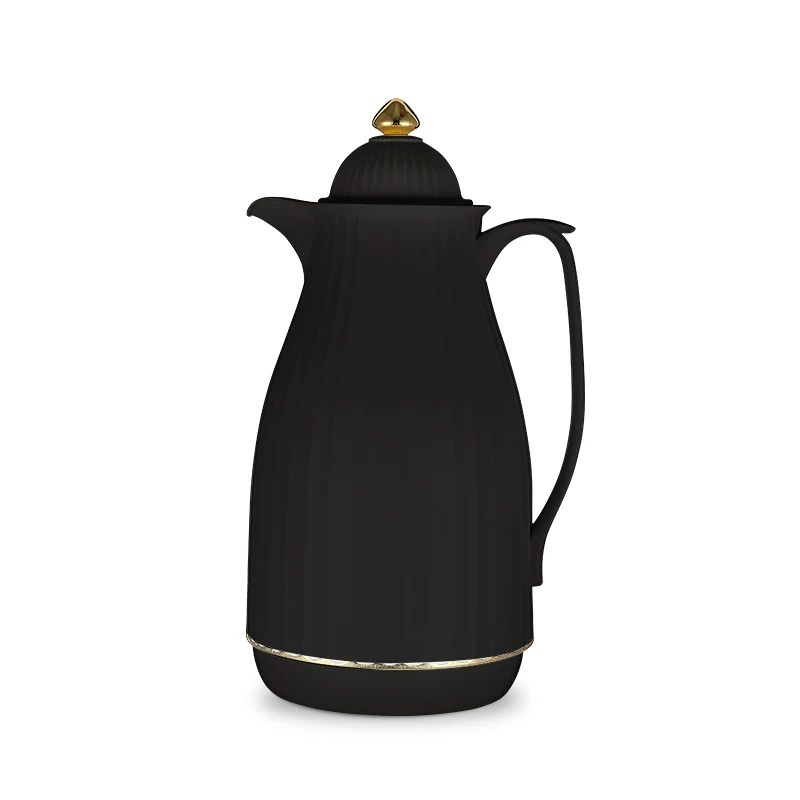 

New Collection 1000ml Unique Arabic Style Plastic Outside Bronzing Coffee pot Thermos Glass Refill Vacuum Flask, Black