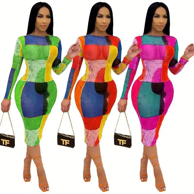 

Sexy Mesh Sheer Print Bodycon Midi Dress Long Sleeve Summer Outfits For Women Y2k Clothes Office Lady Party Club Dresses