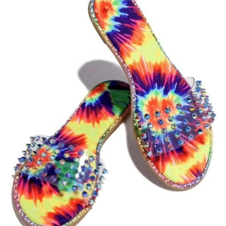 

Fashion Multi-color Rainbow Rivets Plus Size Flip Flops Diamond Slippers For Women