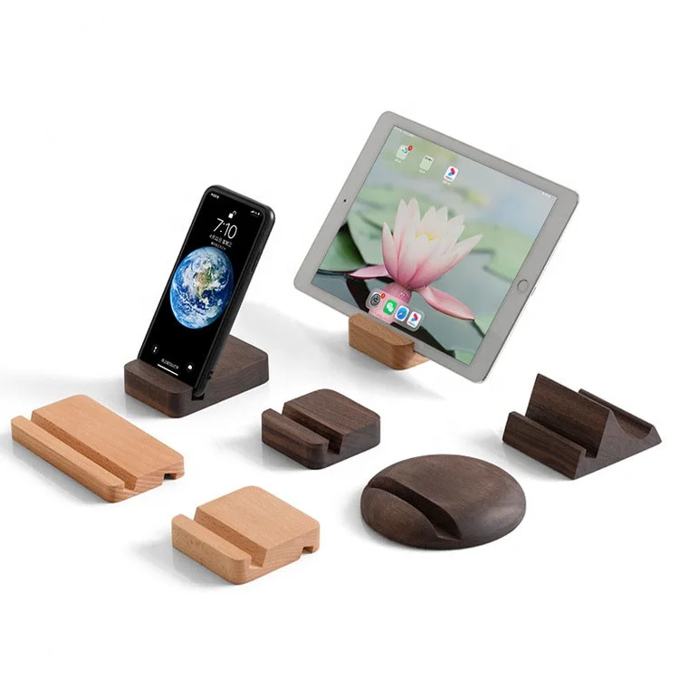 

Custom Logo Wood Square Round cell phone Base Lazy Bamboo cell phone Stand, Wood color