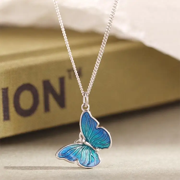 

Wholesale Rhodium plated 925 sterling silver jewelry dainty blue butterfly necklace pendant for women