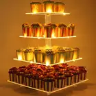 カップケーキスタンド正方形食品グレード 4 ティアアクリルカップケーキディスプレイスタンドタワー Led ストリングライト-デザート木