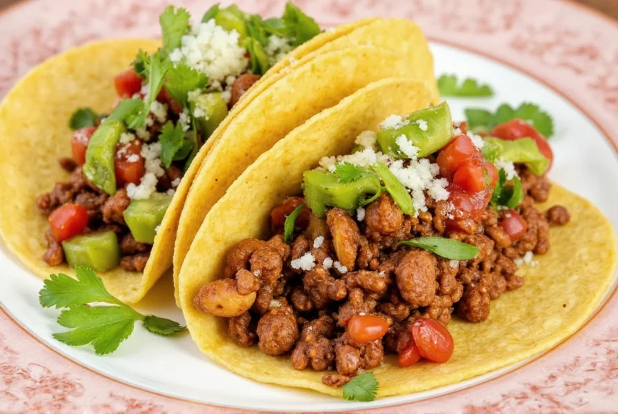 Close-up of taco filled with seasoned meat and toppings