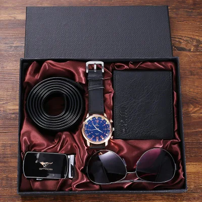 

In stock fashion creative luxury brand business gift box set 4pcs sunglass belt wallet watches men wrist