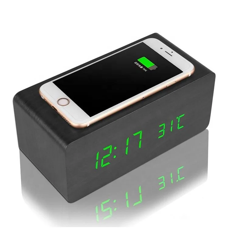 

Best gift promotional Phone QI wireless charger wooden LED alarm clock, Black/ white/brown/bamboo