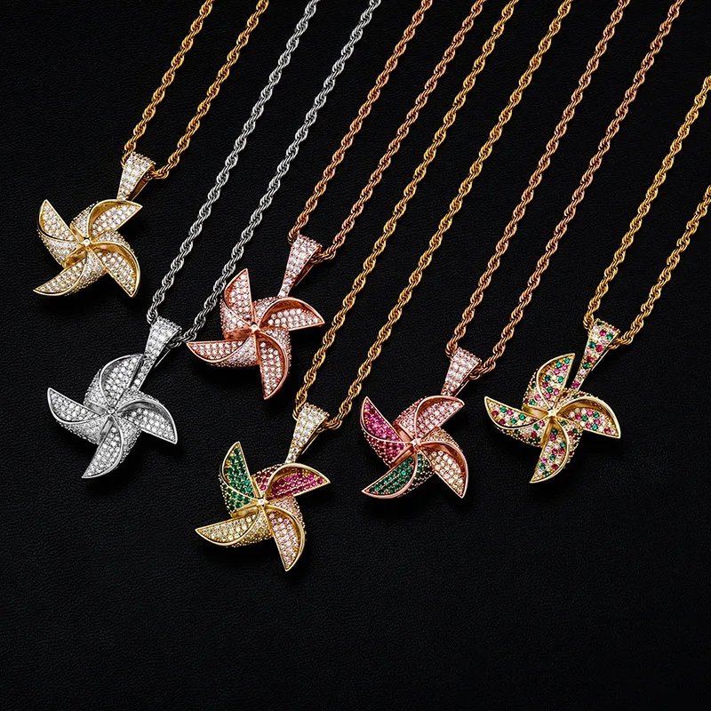 

2020 New Gold Plating Iced Out Cubic Zirconia Windmill Men Women Pendant Necklace Hip Hop Fashion Charm Jewelry For Gift, Multi color