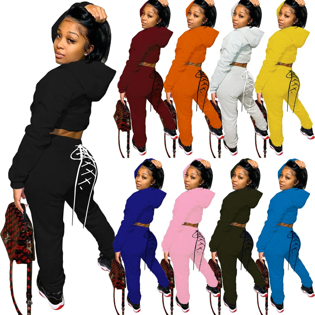 

Tracksuit For Women Two Piece Set Sportswear Jogging Outfit Fall Crop Top Hoodies Lace-up Sweatpants Sweat Suit C13277