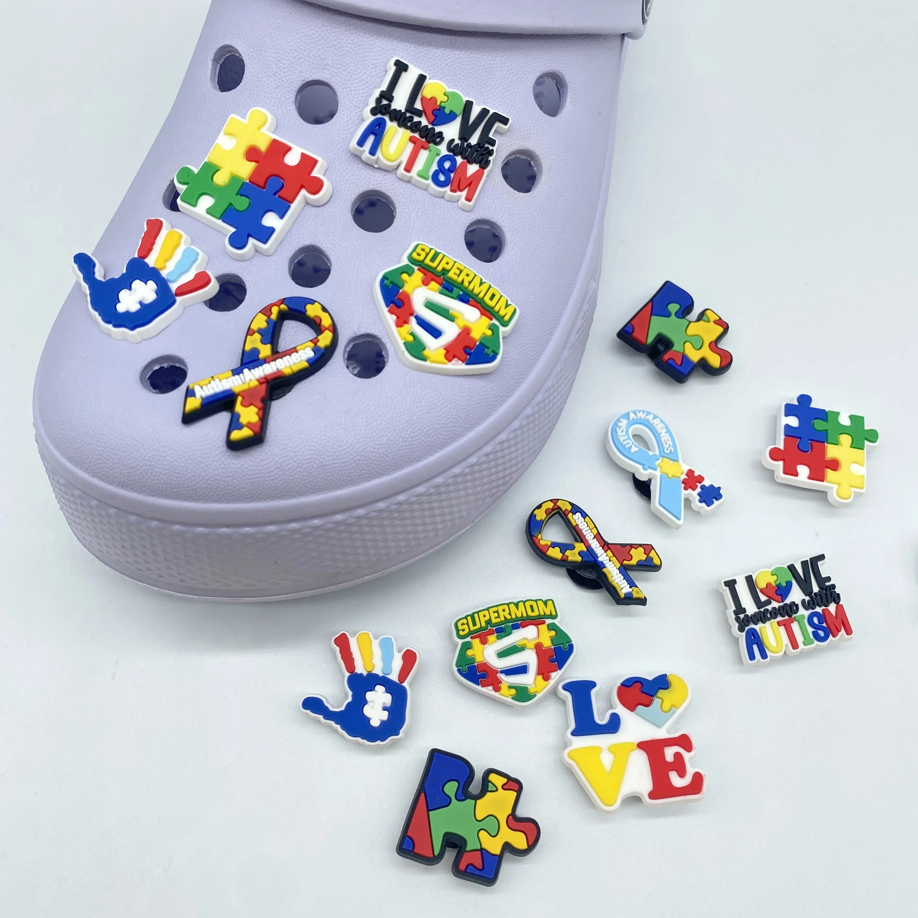 

100pcs+ wholesale bulk high quality soft pvc clog croc charms lace shoe charms for shoelace accessories autism awareness
