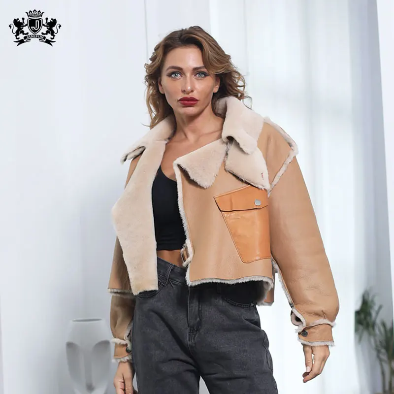 

Janefur Wholesale 100% Grain wool short design leather Winter real fur jacket Lapel sherling sheepskin woman coat