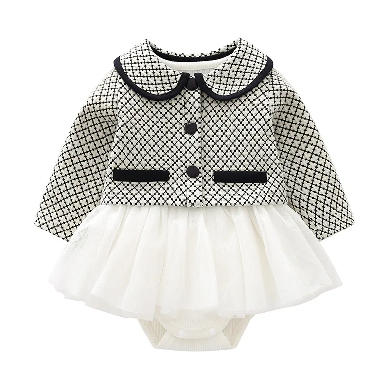

new arrival infant baby girls solid white rompers with plaid jacket toddler kids 2 pcs clothing set