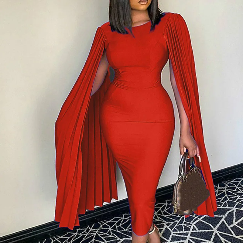 

Fashion Elastic Clock Sleeve Christmas Pleated Lady Party Evening Dress