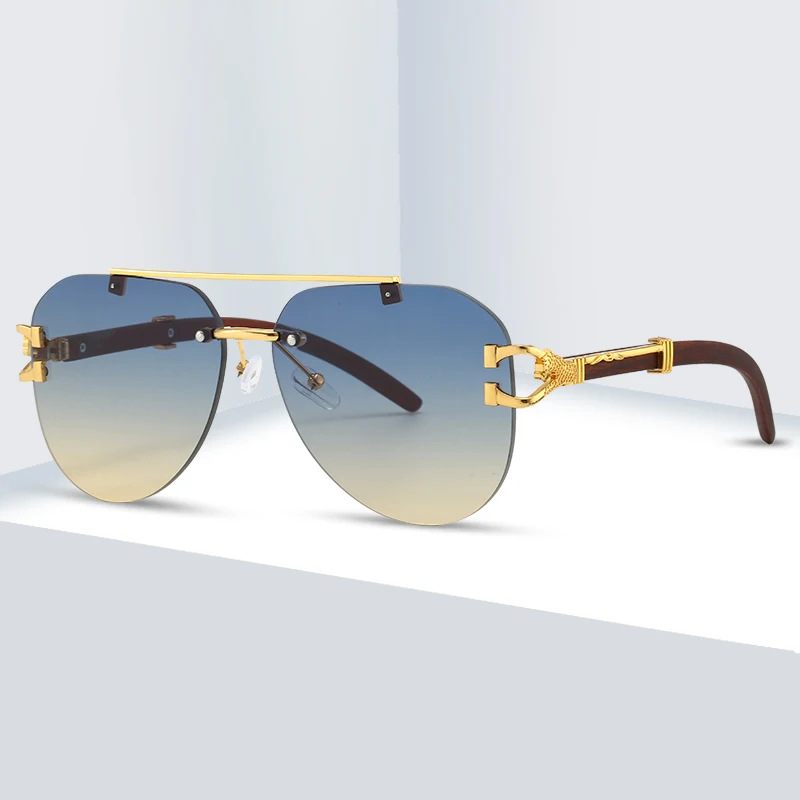 

Custom Logo New Fashion Designer Pilot Sun Glasses Rimless Metal Wooden Grain Fashion Women Blue Sunglasses