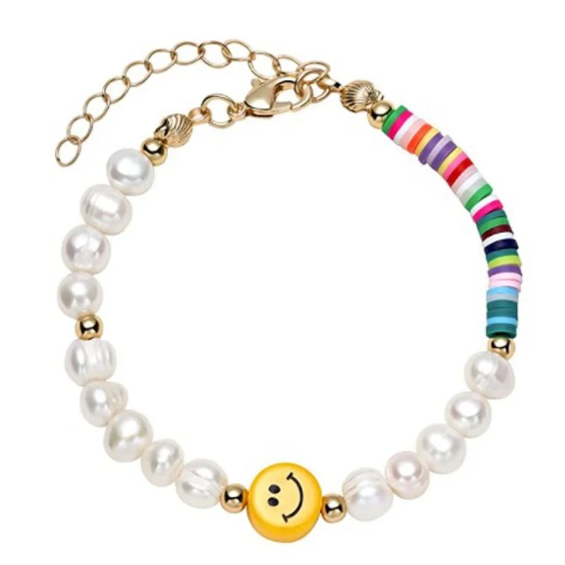 

Wholesale Happy Smiley Face Pearl Bracelet Colorful Preppy Polymer Clay Beads Cute Creative Handmade Pearl Beaded Bracelet, Multi