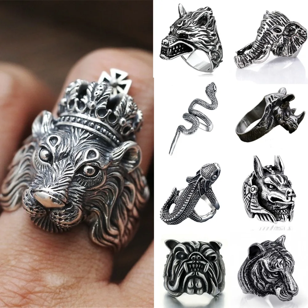 

Exaggerated Punk Gothic Vintage Open Mens Animal Ring Adjustable Antique Dog Wolf Pharaoh Elephant Tiger Snake Lion Silver Rings, Silver color