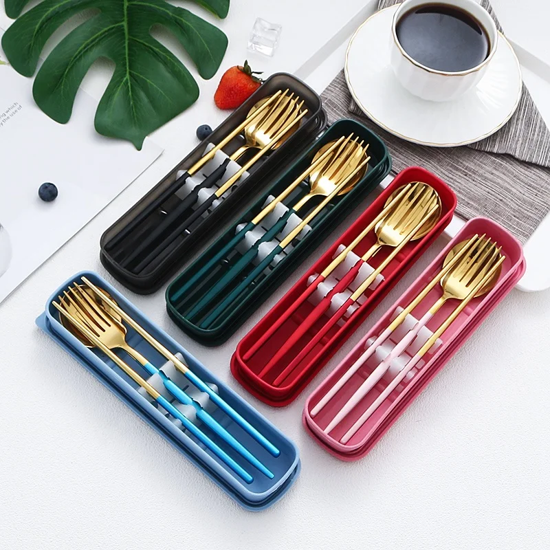 

Stainless Steel Portable Travel Camping Cutlery Fork Spoon Chopsticks Set, 7 colors optional