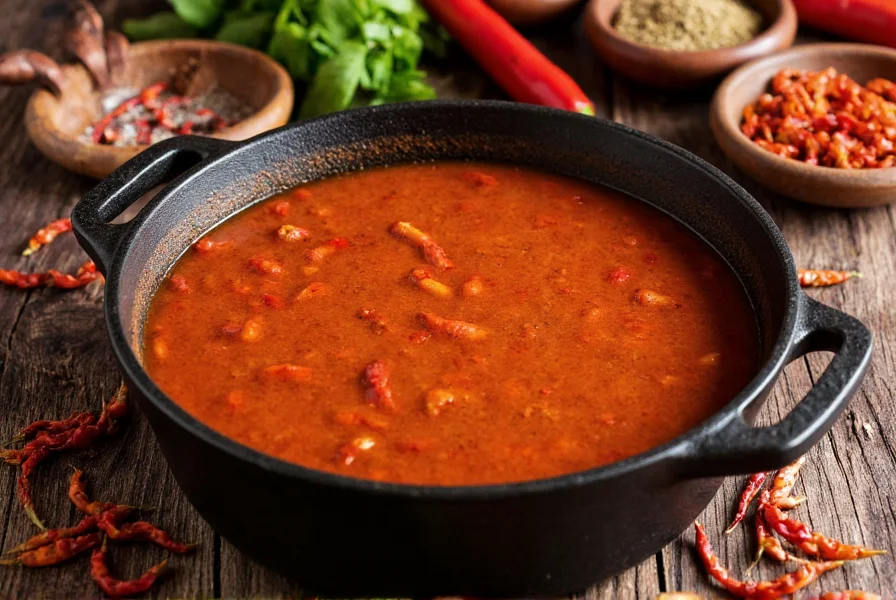 Texas red chili in cast iron pot with dried chilies and spices arranged around it