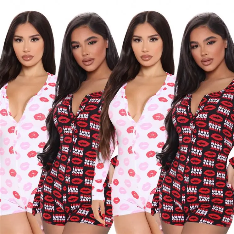 

Wholesale Fashion Women Clothes 2021 Women Sexy V Neck Lip Print Long Sleeve One Piece Jumpsuits And Rompers nightclothes pyjamas sleepwear