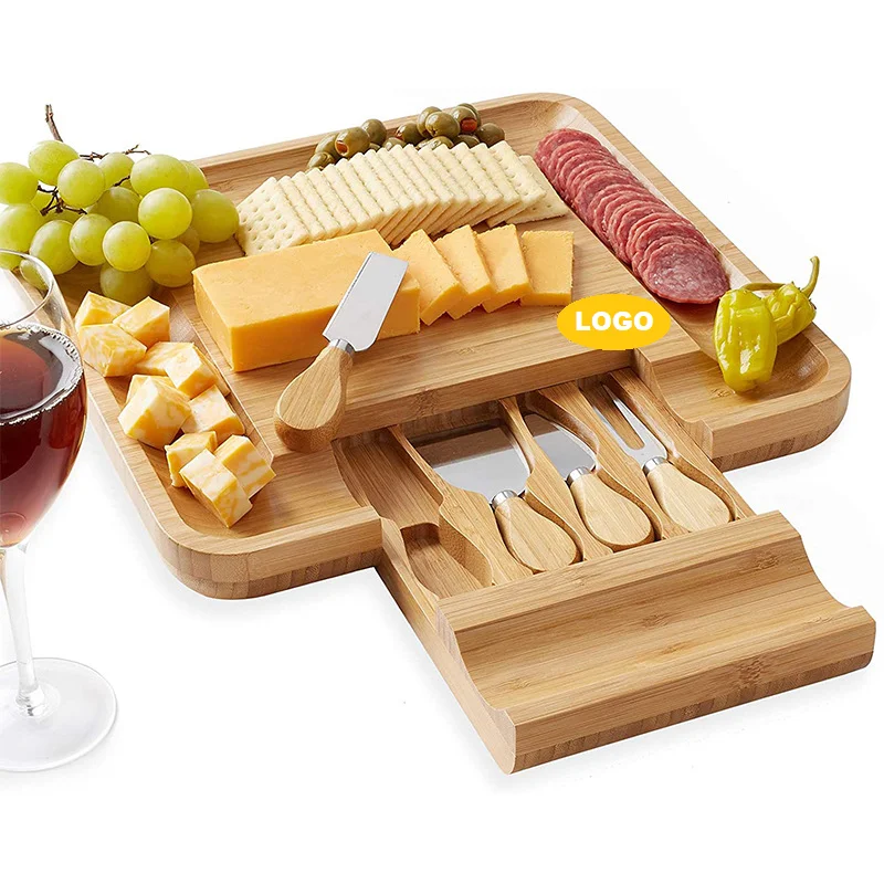 

Best Selling On Amazon Natural Bamboo Kitchen Wood Bamboo Cheese Cutting Board With Cutlery Set, Natural bamboo color