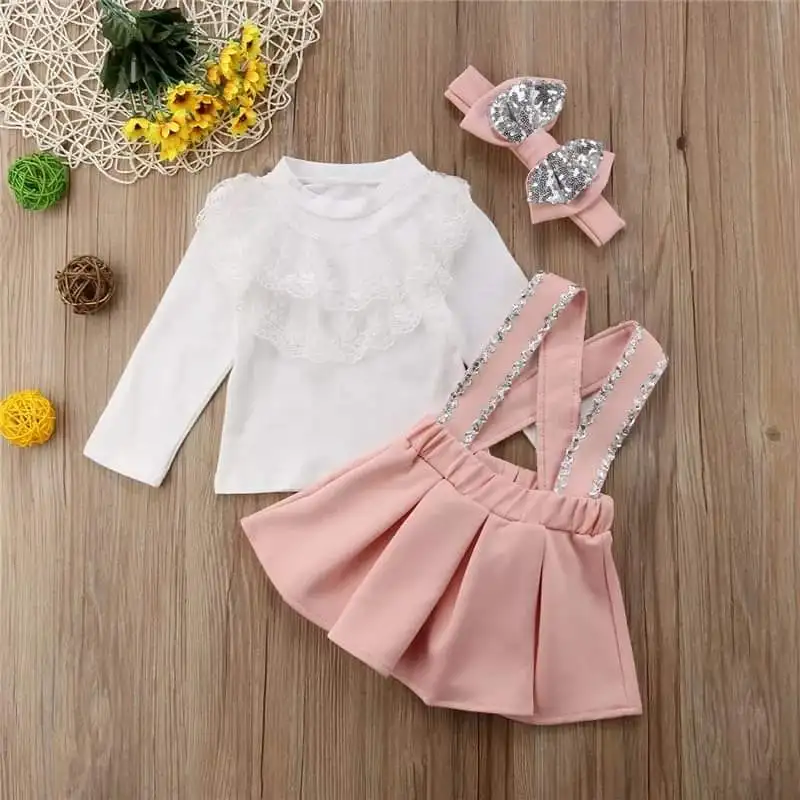 

Children Girls Trendy Clothing 3pcs Kids Overalls Skirt Korean Style Autumn Sequin Cute Baby Girls Dress 1536