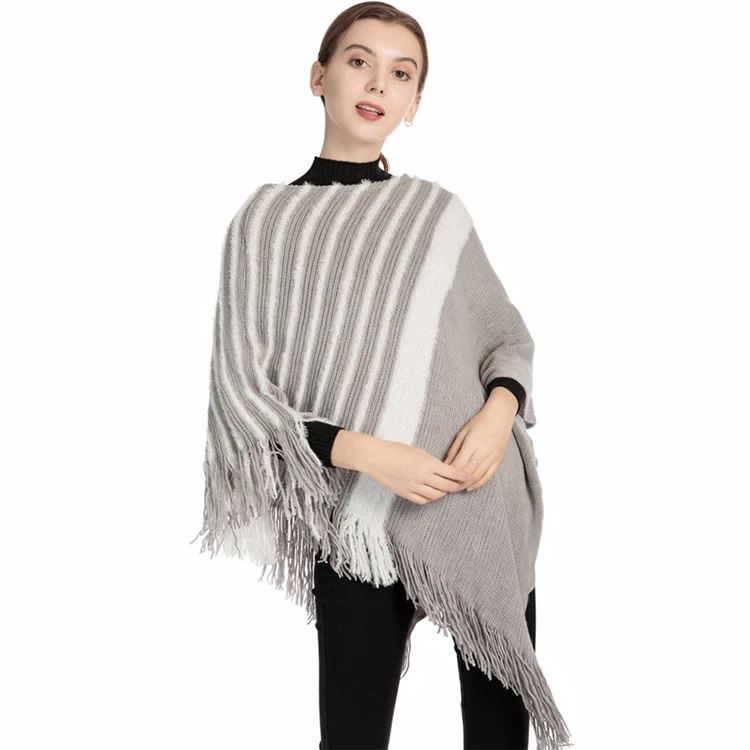 80%acrylic 20%polyester Knit Poncho,Solid Mix Stripes Designed Cold ...