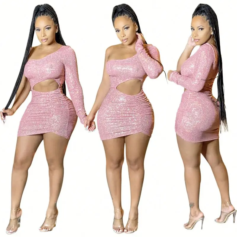 

ladies cocktail party sequin dress long sleeve women one sleeve bodycon dress