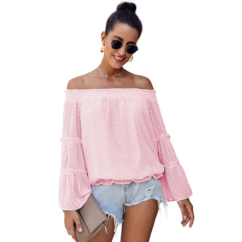 

Wholesale ladies fashion polka dot women clothing puff sleeve off the shoulder casual tops, 9 colors