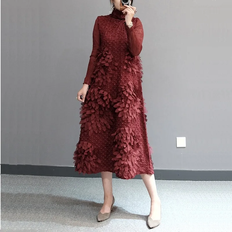 

FXZ miyake pleated embroidered dress 2021 autumn winter new fashionable French style embroidery flower pleats women dress, Customized color