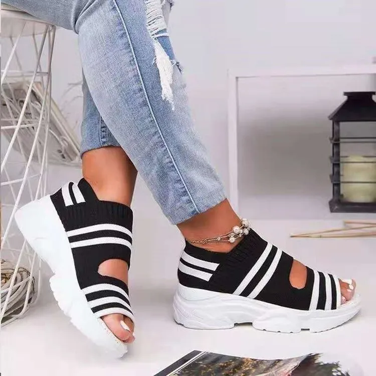 

BUSY GIRL HQ4629 Knitted sandals women 2023 summer flat sandals ladies stretch casual shoes slip on chunky heels ladies sandals