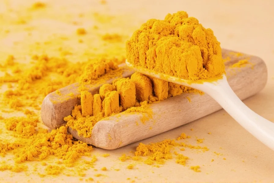 Close-up of turmeric powder on white surface showing its vibrant yellow color