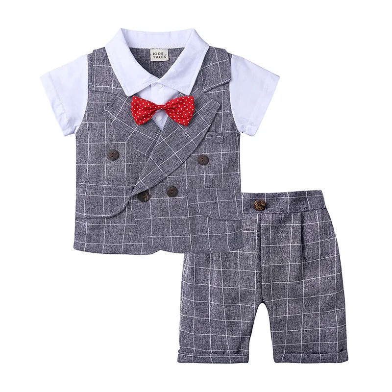 

Wholesale 2020 baby boy European American summer boutique fashion plaid gentleman bow two-piece sets in hot selling, As pic shows, we can according to your request also