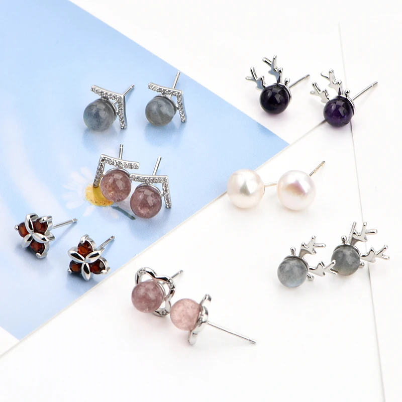 

Exquisite Natural Gemstone Ball Stud Earrings Natural Gemstone 925 Silver Stud Earrings
