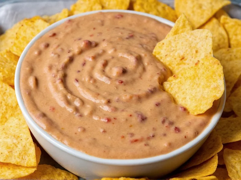 Creamy homemade bean dip in bowl with tortilla chips