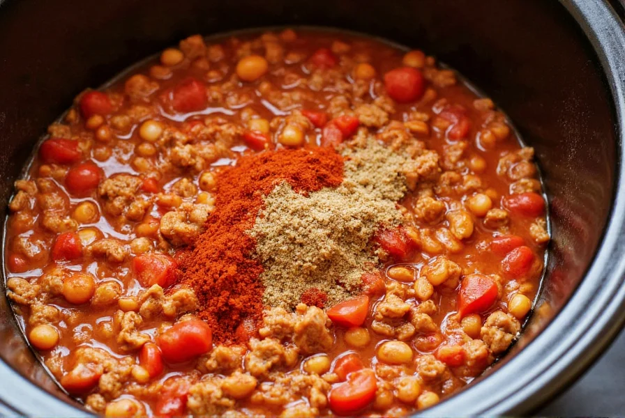 Slow cooker filled with vibrant red turkey chili containing ground turkey, beans, tomatoes, and spices