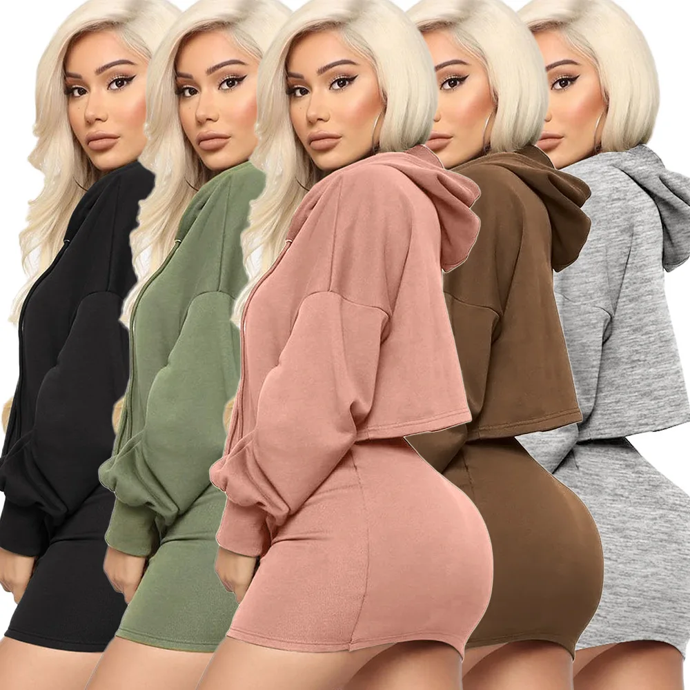 

Hot Sale Fall Ladies Sexy Hooded Casual Dresses Tethered Hip Solid Color Skirt Suit Two-piece Set For Women, Multi color