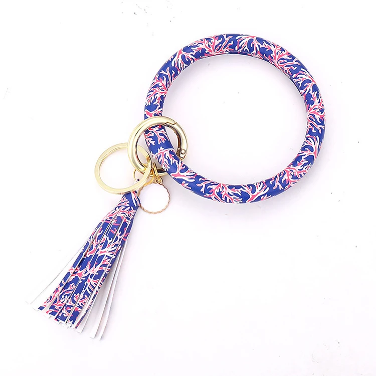 

Popular Trendy Solid Speckle Patterns PU Leather Bangle Keychain With Tassel