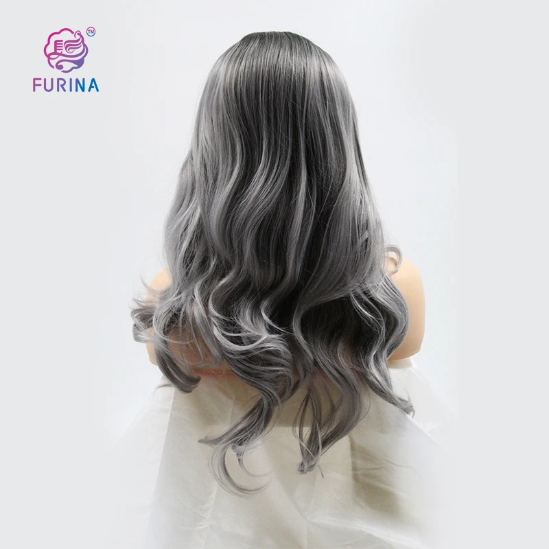 

Beautiful soft fringe grey fiber wigs ombre synthetic lace front wigs cheap price for black women and white women