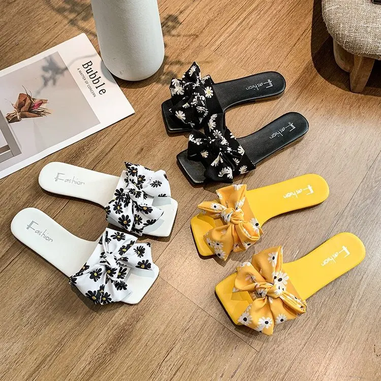 

Summer Hot Sale Fashion Bow And Floral Pattern Girls Beach Sandals Ladies Flip Flop Colorful Flat Outdoor Slippers For Women, White, yellow, black