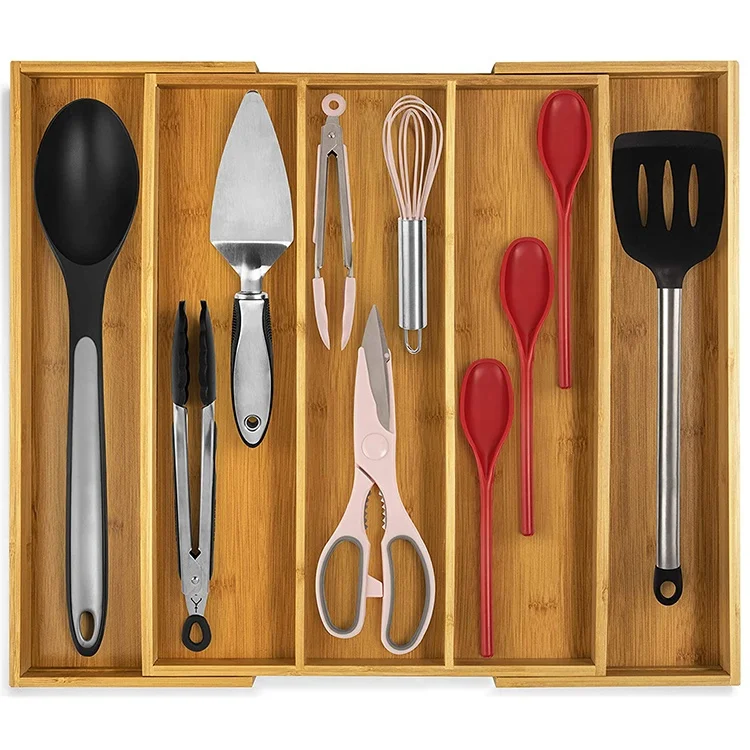 
kitchen expandable silverware organizer utensil holder and cutlery bamboo tray with grooved drawer dividers 