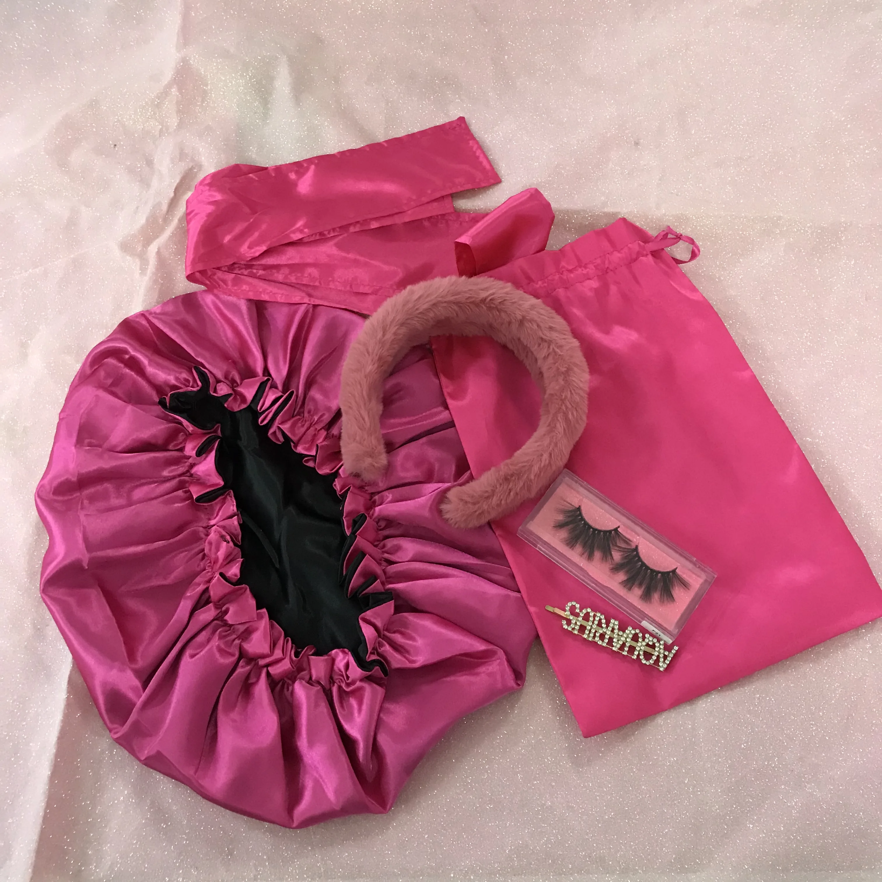 

2020 Stain bags Head wrap double layer bonnet and Mink lashes and pins Sample package Only $9, Custom color