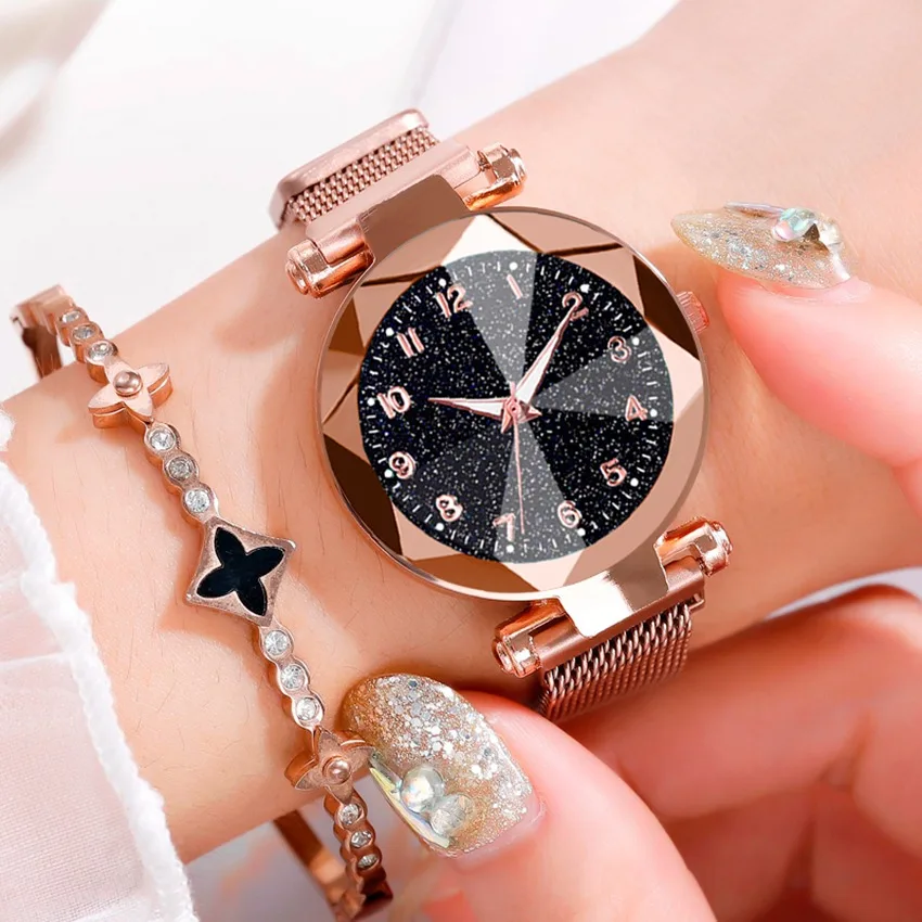 2019 New Brand Rosy Gold Mesh Magnet Buckle Starry Sky Quartz Watch Women Casual Watches Relogio Feminino Ladies Wrist Watch Hot