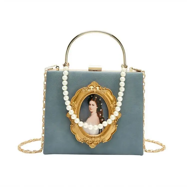 

Vintage Oil Painting Badge Fashion Pu Pearls Chain Ladies Party Purse Tote Crossbody Bag Women Box Handbags