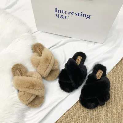 

Fashion Wild New Autumn And Winter Furry Slippers For Women Rabbit Hair Cross Flat Net Red Lazy Slippers, As pictures