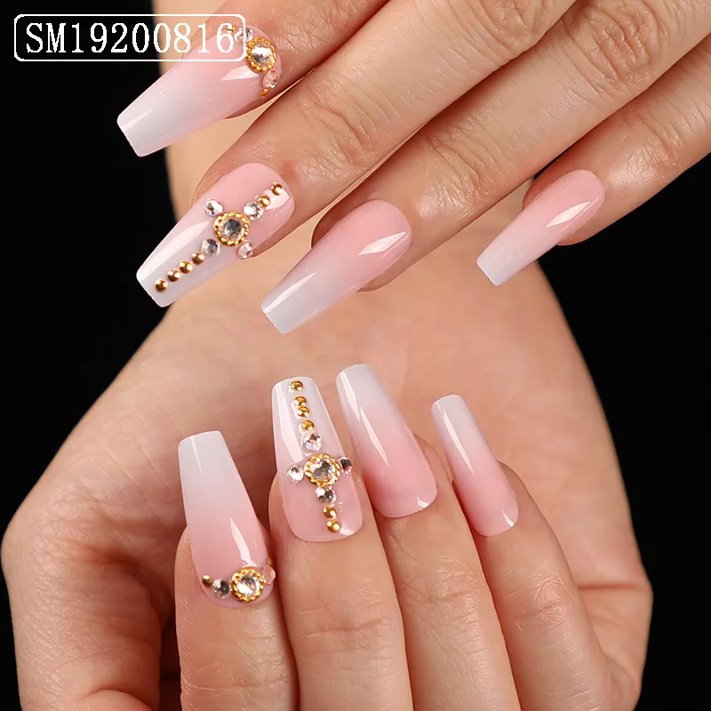 

Luxury fashion bling ombre pink ballerina false nails with rhinestone reusable press on nails professional false nails supplier