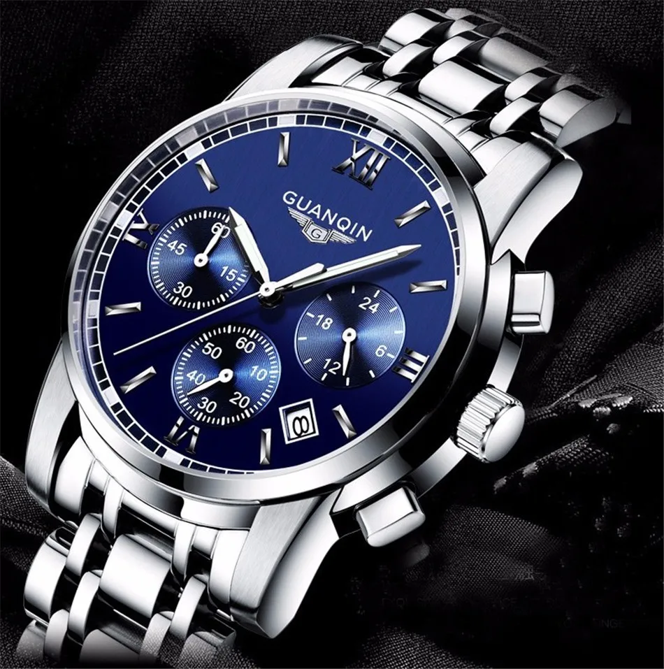 

GuanQin OEM ODM Customize quartz watch multifunction sport chronograph stainless steel case wrist watches men fashion